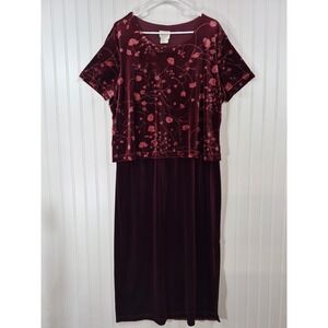 Vintage TR Bentley Burgundy Velvet Floral Maxi Dress Short Sleeve Size 16